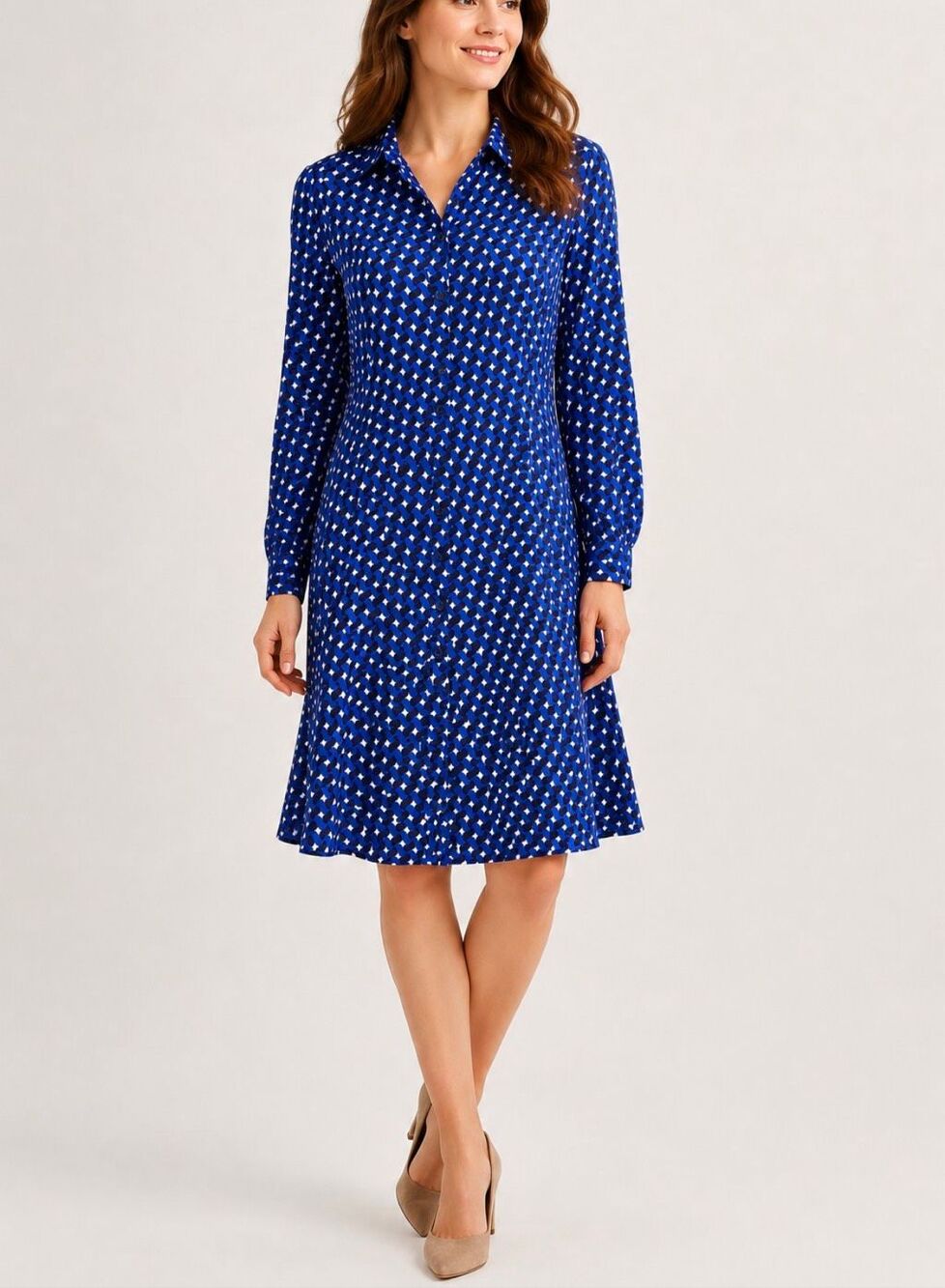 Boden Pocket Detail Shirt Dress NWT Blue Geometric Print ECOVERO Midi Dress US 1